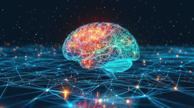 glowing brain radiating vibrant colors, symbolizing creativity and intelligence
