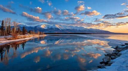 Obraz premium Snowy mountains reflected in the lake under a cloudy sky during sunset