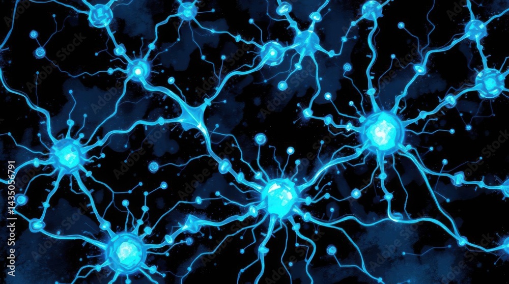 Poster glowing blue neurons connecting in a neural network background image