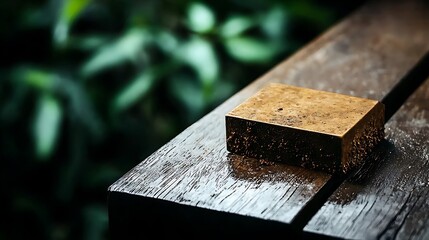 Close-up of a textured wooden block resting on a wet wooden surface surrounded by greenery