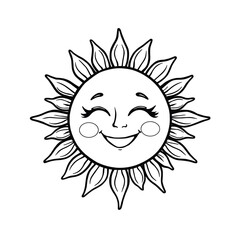 Smiling Sun Face with Flower Petals, Line Art Illustration