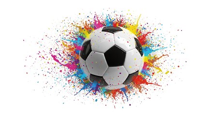 Soccer Ball in a Colorful Explosion: A vibrant illustration of a soccer ball bursting with rainbow paint splatters, symbolizing energy, excitement, and the passion of the sport.