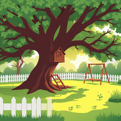 Fototapeta premium A Sunny Backyard Scene with a Large Tree Featuring a Treehouse, a Wooden Ladder, and a Swing Set Surrounded by a White Picket Fence and Green Grass