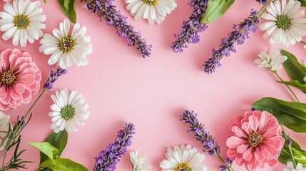 Delicate calligraphy space framed with lavender sprigs, white daisies, and pink zinnias, isolated on a bubblegum pink background with ample negative space.