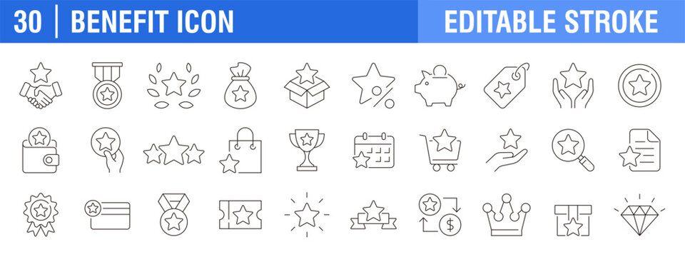 Collection of benefit icons. Reward, bonus, winner, loyalty. Vector design template, signs, symbols, editable stroke.