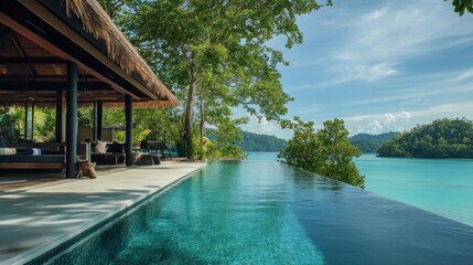 Fototapeta premium Tranquil infinity pool retreat tropical island landscape photography scenic nature elevated viewpoint peaceful escape
