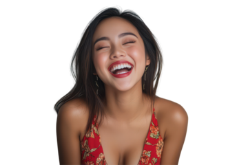 A young Filipino woman appears uncertain with confused facial expression against a plain white background