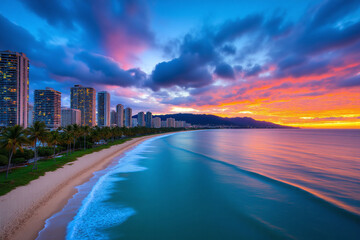 view of Waikiki Beach in Honolulu Oahu Hawaii at dusk