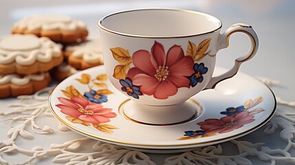 Elegant white teacup with intricate gold patterns
