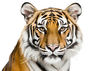 Naklejka premium Calm tiger with intense gaze stares directly ahead isolated on a bright clean white background