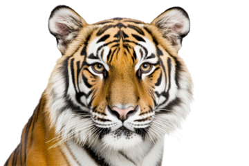 Calm tiger with intense gaze stares directly ahead isolated on a bright clean white background