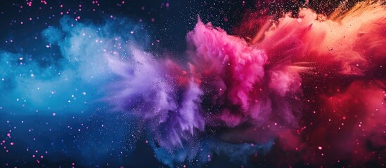 close-up shot of holi paint powder being thrown into the air, capturing the vibrant hues and dynamic motion of the festival.