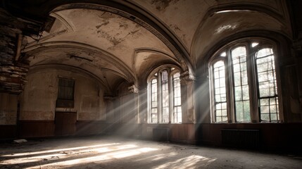 Obraz premium Diagonal sunlight through broken plantation shutters in a decaying Southern manor, illuminating the dance of dust in the air above a grand piano missing its keys