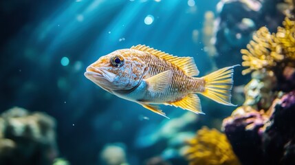 Fototapeta premium Stunning Underwater Shot of a Vibrant Fish in a Coral Reef Aquarium