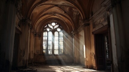 Fototapeta premium Diagonal sunlight through broken plantation shutters in a decaying Southern manor, illuminating the dance of dust in the air above a grand piano missing its keys