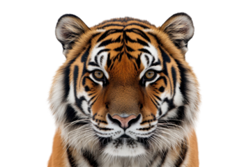 Regal tiger maintains a calm steady gaze perfect for wildlife themes and white background use