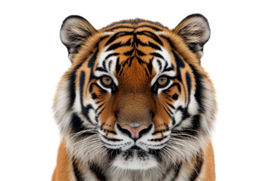 Regal tiger maintains a calm steady gaze perfect for wildlife themes and white background use