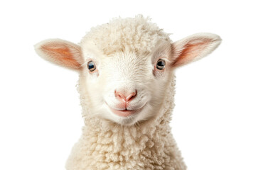 Obraz premium Cute little lamb shows off a gentle smile with soft wool against a white background