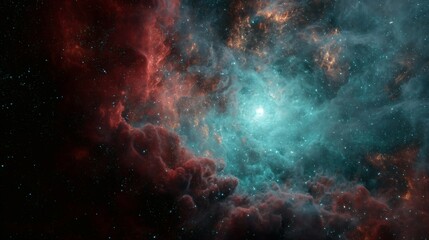 Fototapeta premium Cosmic Cloud Nebula with Shimmering Turquoise Hues and Red Dense Interstellar Dust