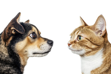 Cat and dog face each other gently in a silent gaze on white background