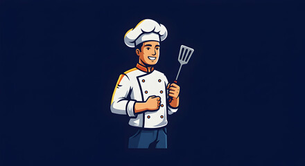 Confident chef cartoon mascot logo holding spatula ideal for restaurant catering culinary brand 110 chars