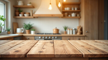 Kitchen table top for product display with blurred modern interior