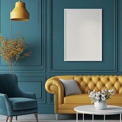 A colorful room setting with a mock poster serves as the basis for this 3D illustration