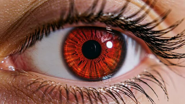 Close-up of a human eye with a vibrant red iris blinking.