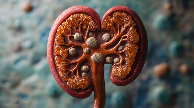Kidney organ cross-section explaining chronic stone formation visual aid sample image