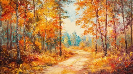 A painted path winds through a colorful autumn forest scene
