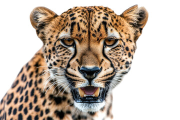 Fototapeta premium Roaring strength of a wild cheetah captured in a stunning white background wildlife portrait