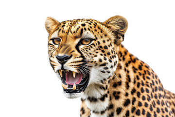 Obraz premium Powerful roar of a leopard captured in an intense portrait against a stark white background