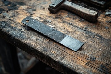 Metal bar partially polished lying on wood table with a hammer manufacturing or carpentry