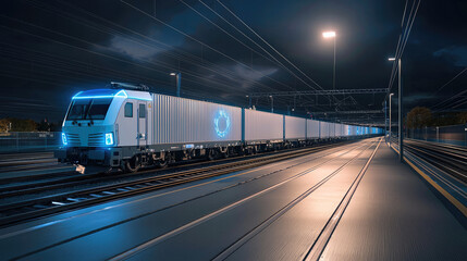 Naklejka premium Modern electric freight train with illuminated blue accents travels on railway tracks at night, showcasing advanced logistics and efficient cargo transport under urban lights