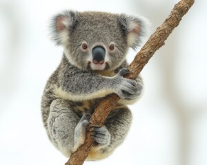 Fototapeta premium Cute koala clinging to a tree branch in a serene natural setting