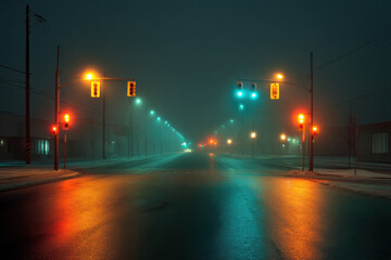 Busy city street at night with vibrant traffic lights adding color amid the dark surroundings.