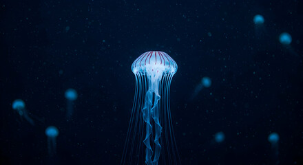 Bioluminescent Jellyfish Glowing in Dark Ocean Depths Creates a Magical Underwater Scene