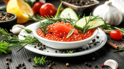 Gourmet Red Caviar Delicacy with Fresh Herbs and Spices
