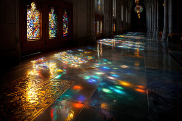 Obraz premium Stained glass windows in the nave of the Cathedral of St. Patrick, Galway, showcasing vibrant colors and intricate religious designs.