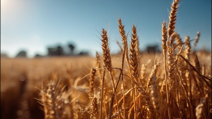 Naklejka premium Golden Ripe Wheat Field Swaying in the Breeze Under Bright Sky. Closeup View