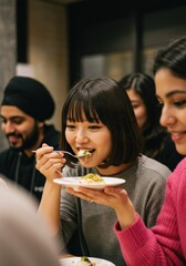 料理を試食する女性と周囲のブロガーたち（ai生成画像）