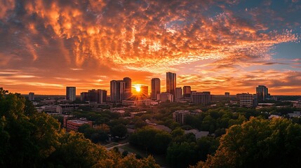 Fototapeta premium Vibrant sunset over a city skyline.