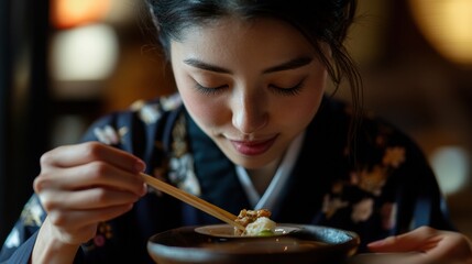 料理を試食する女性と周囲のブロガーたち（ai生成画像）