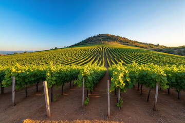 vineyard with rows of vines in the foreground and mountains in the background