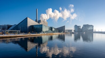 Naklejka premium steam vortices swirling from cooling towers at night, their patterns reflected in black mirror-like waters, illuminated by the plant's amber safety lights