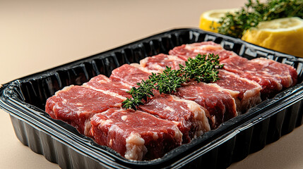 Fototapeta premium Fresh raw beef steak in black plastic tray with herbs, ready for cooking, isolated on beige background, showing marbled texture and freshness, perfect for meal preparation