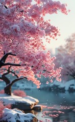 Blooming Cherry Blossom Paradise: A captivating scene where cherry blossoms bloom in the serenity of early spring, their pink petals adorning the landscape and reflecting upon a tranquil lake.