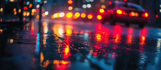 Obraz premium City street illuminated at night after a rainfall with wet surfaces