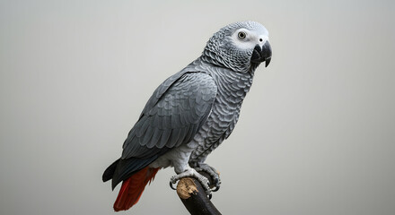 African Grey Parrot Perched on Branch Observing Surroundings with Curious Gaze and Elegant Posture