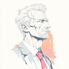 Naklejka premium Serious Senior Businessman Profile Illustration Artistic Portrait Line Art Gray Suit